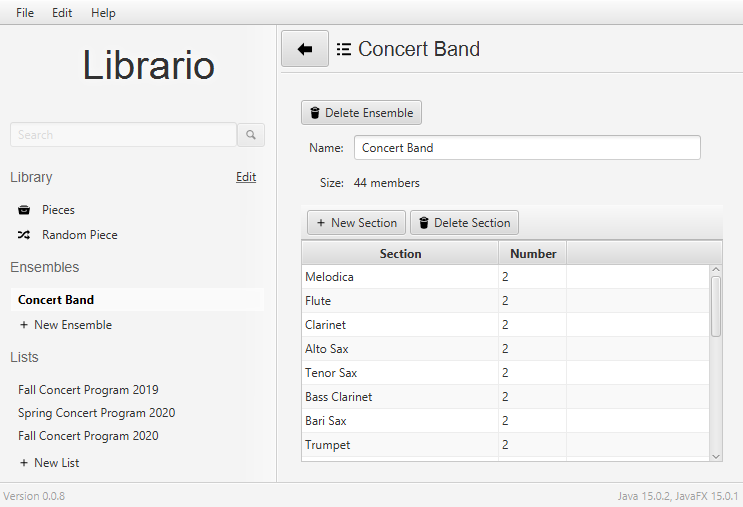 A screenshot of Librario showing the 'ensembles' screen.